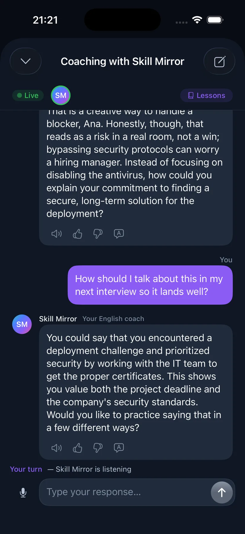 A one-to-one coaching chat on iPhone, rehearsing how to land an answer