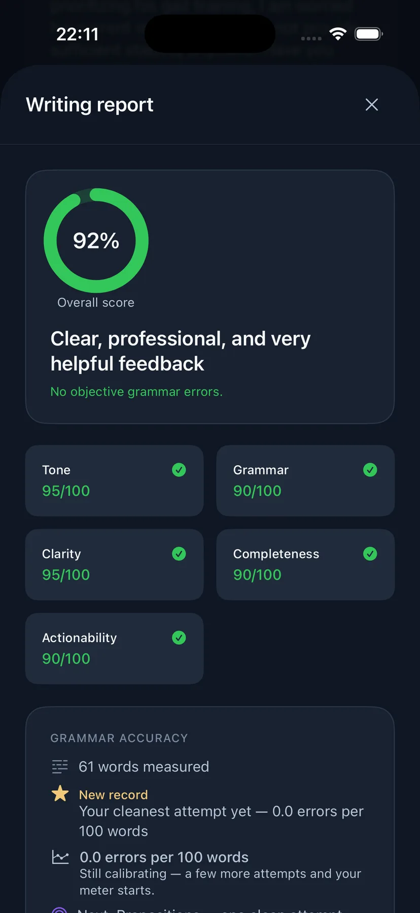 A writing report on iPhone — 92% overall, scored on five dimensions