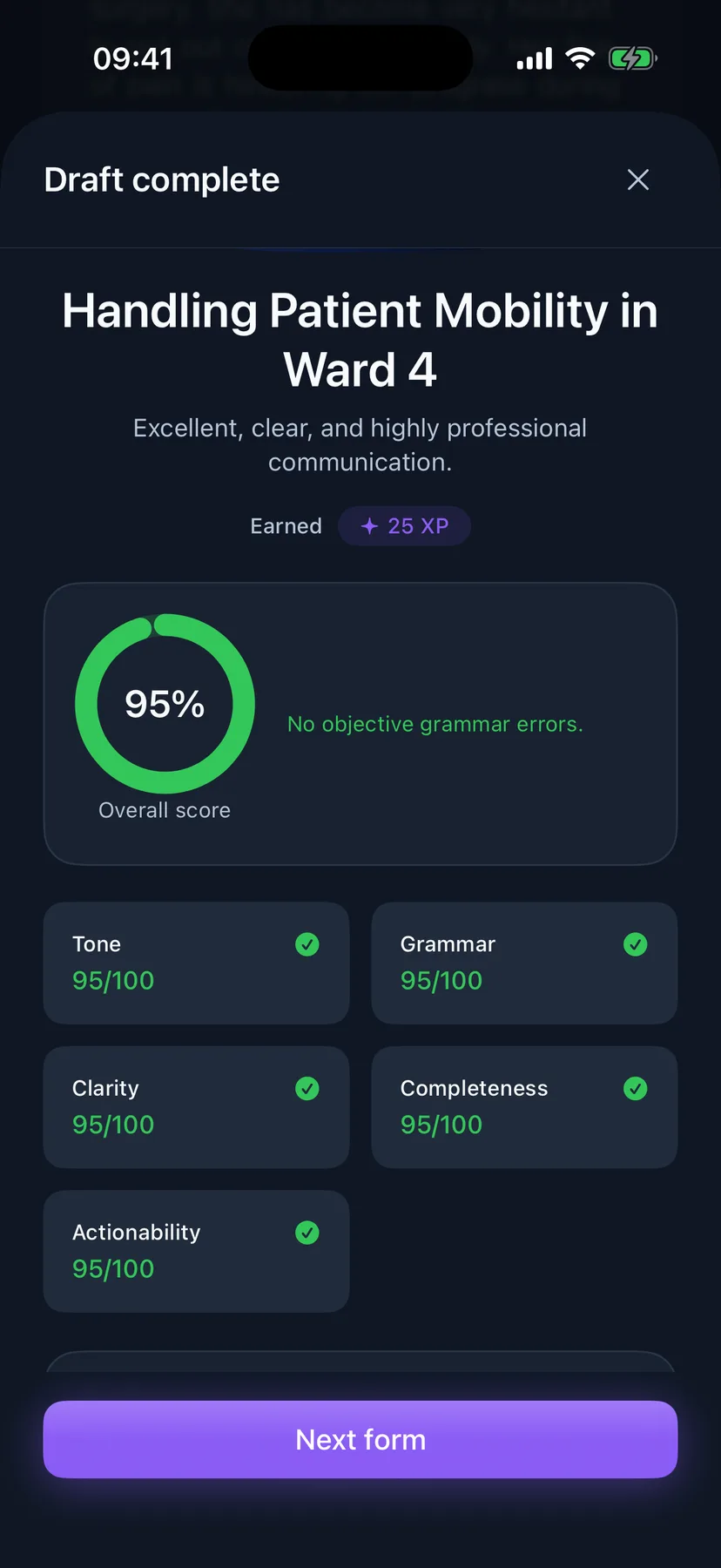 A checked draft on iPhone — Draft complete, 25 XP earned, 95% overall on five dimensions
