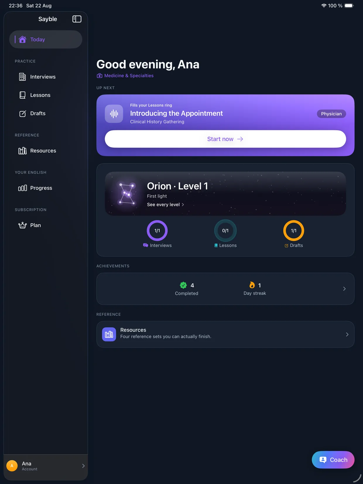Sayble Home on iPad — the same account, rings and level as everywhere else
