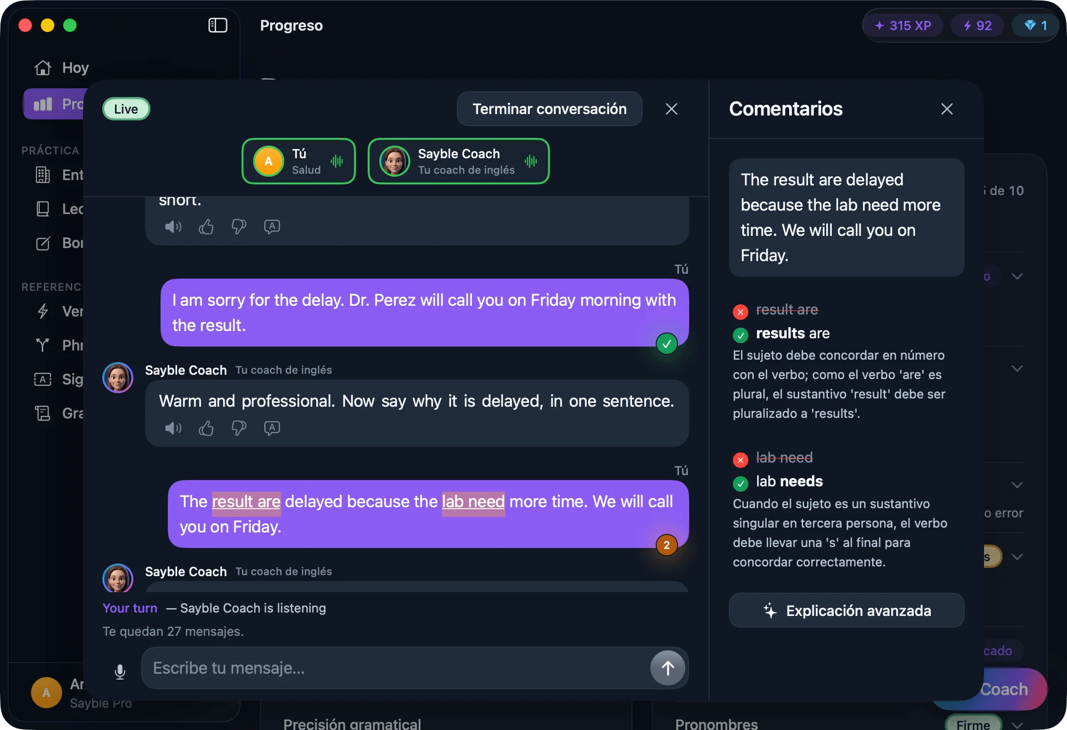 Sayble en Mac: una conversación con el coach y la corrección de un mensaje al lado