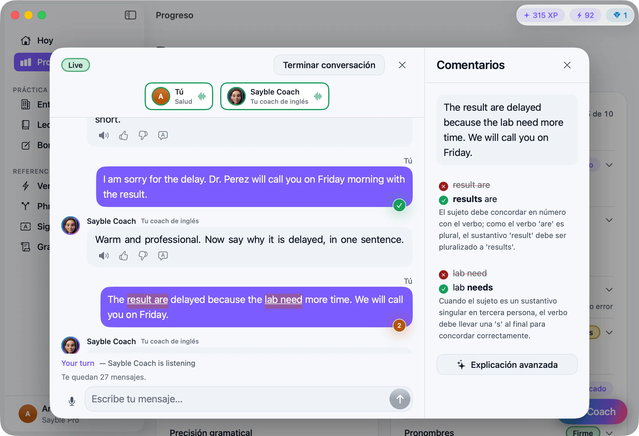 Sayble en Mac: una conversación con el coach y la corrección de un mensaje al lado