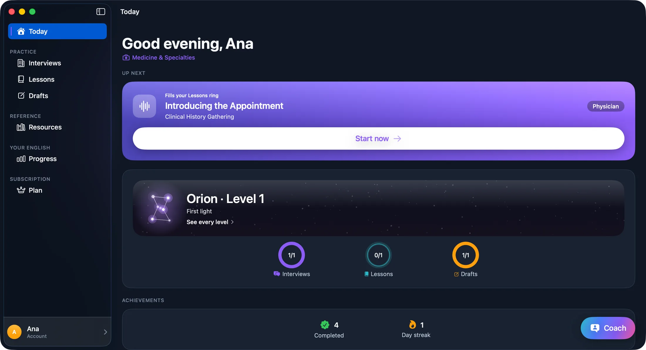 Sayble Home on macOS — the same account, rings and level as everywhere else